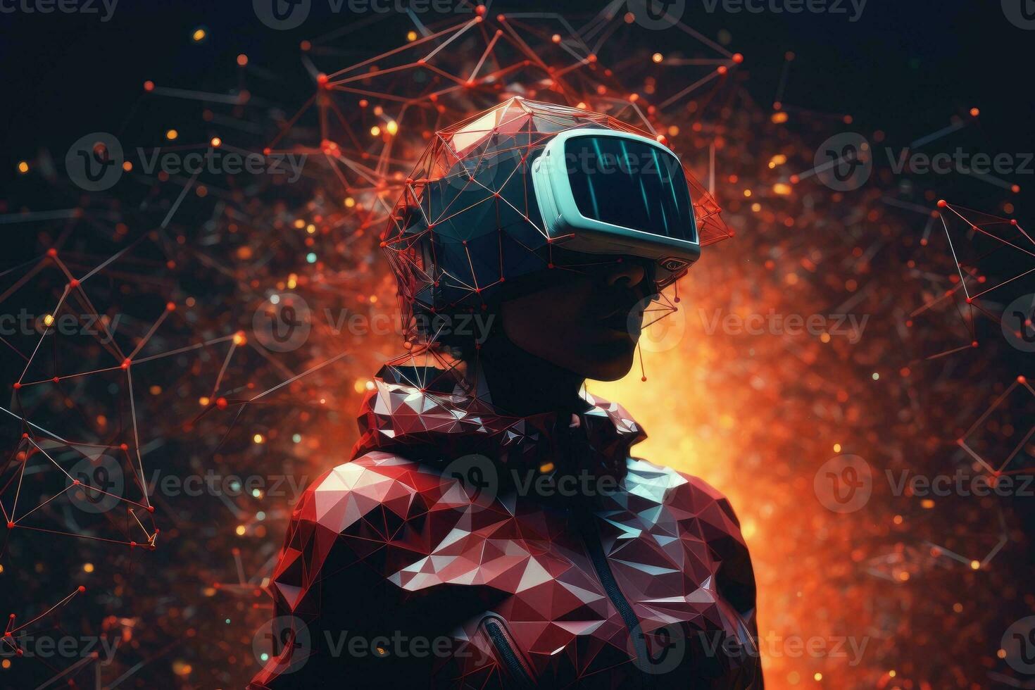 AI Generated A woman wearing VR headset user, surreal world and virtual reality, colorful flowers fields. Generative AI photo