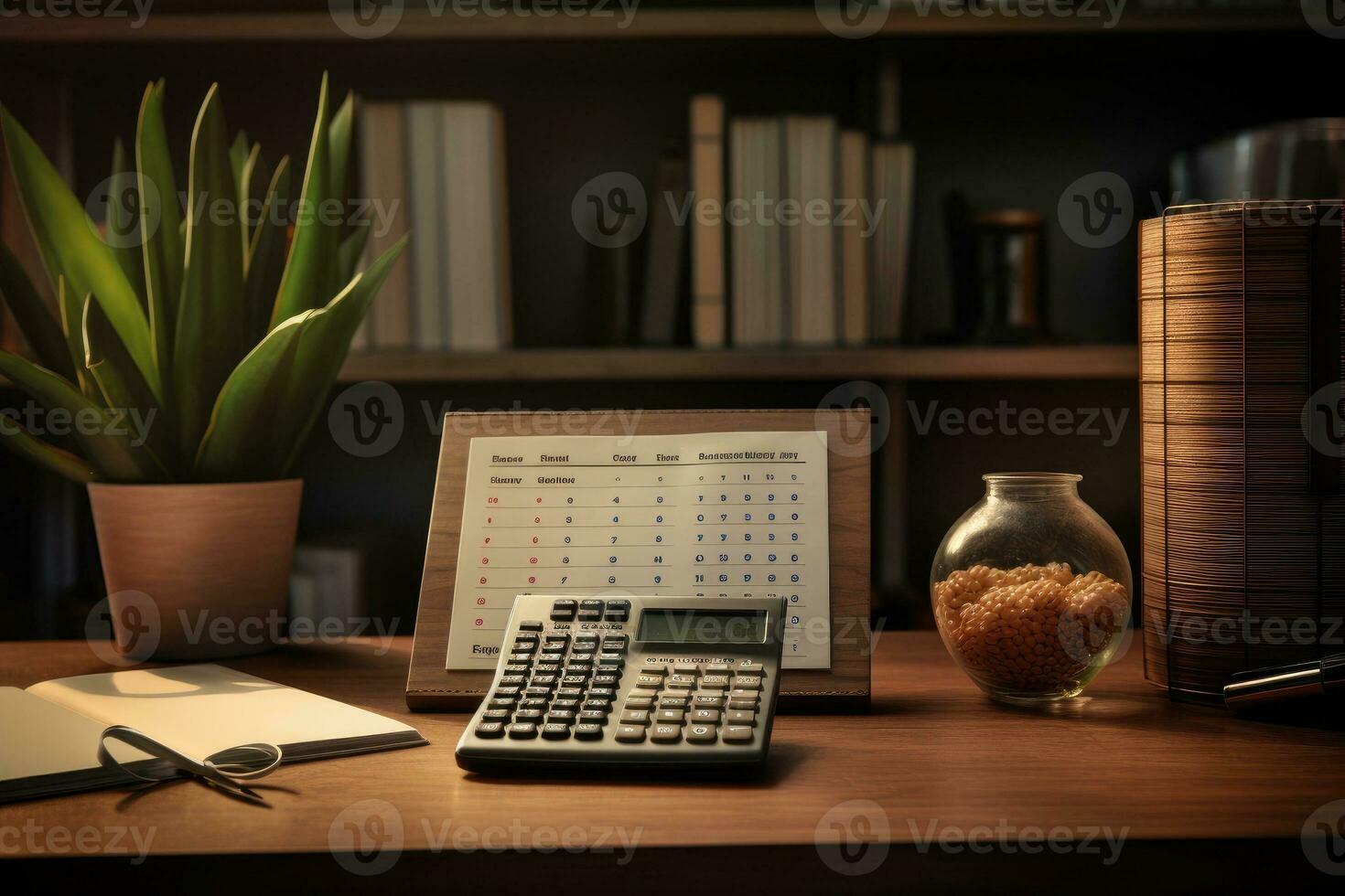 AI Generated Front view Office desk with office tools, computer laptop on wood table background with copy space. Generative AI photo