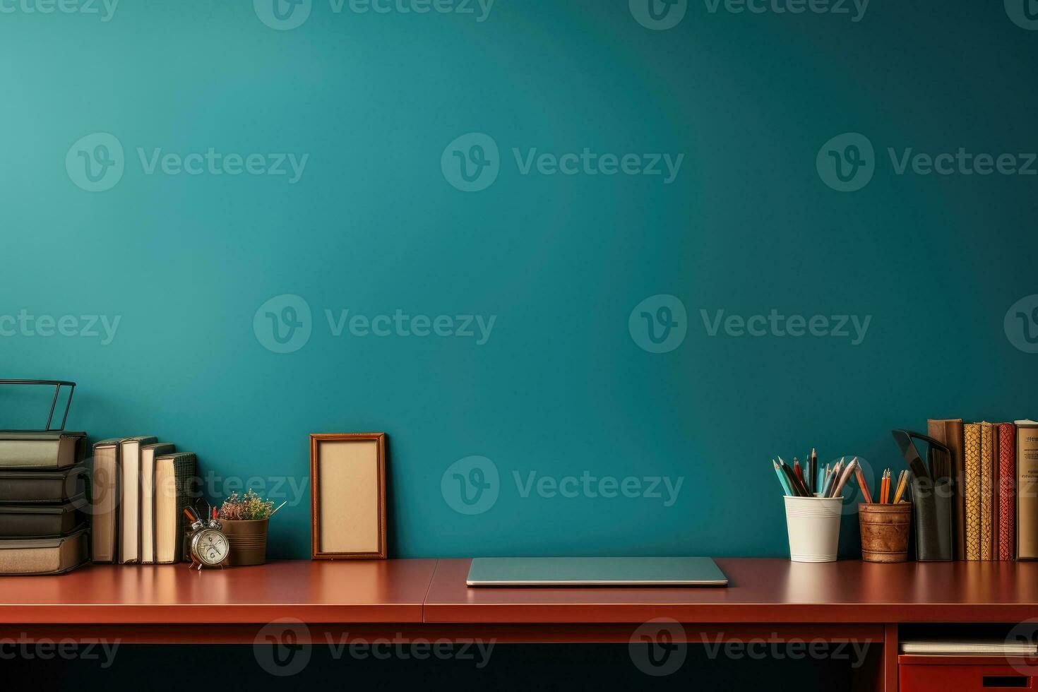 AI Generated Front view Office desk with office tools, computer laptop on wood table background with copy space. Generative AI photo