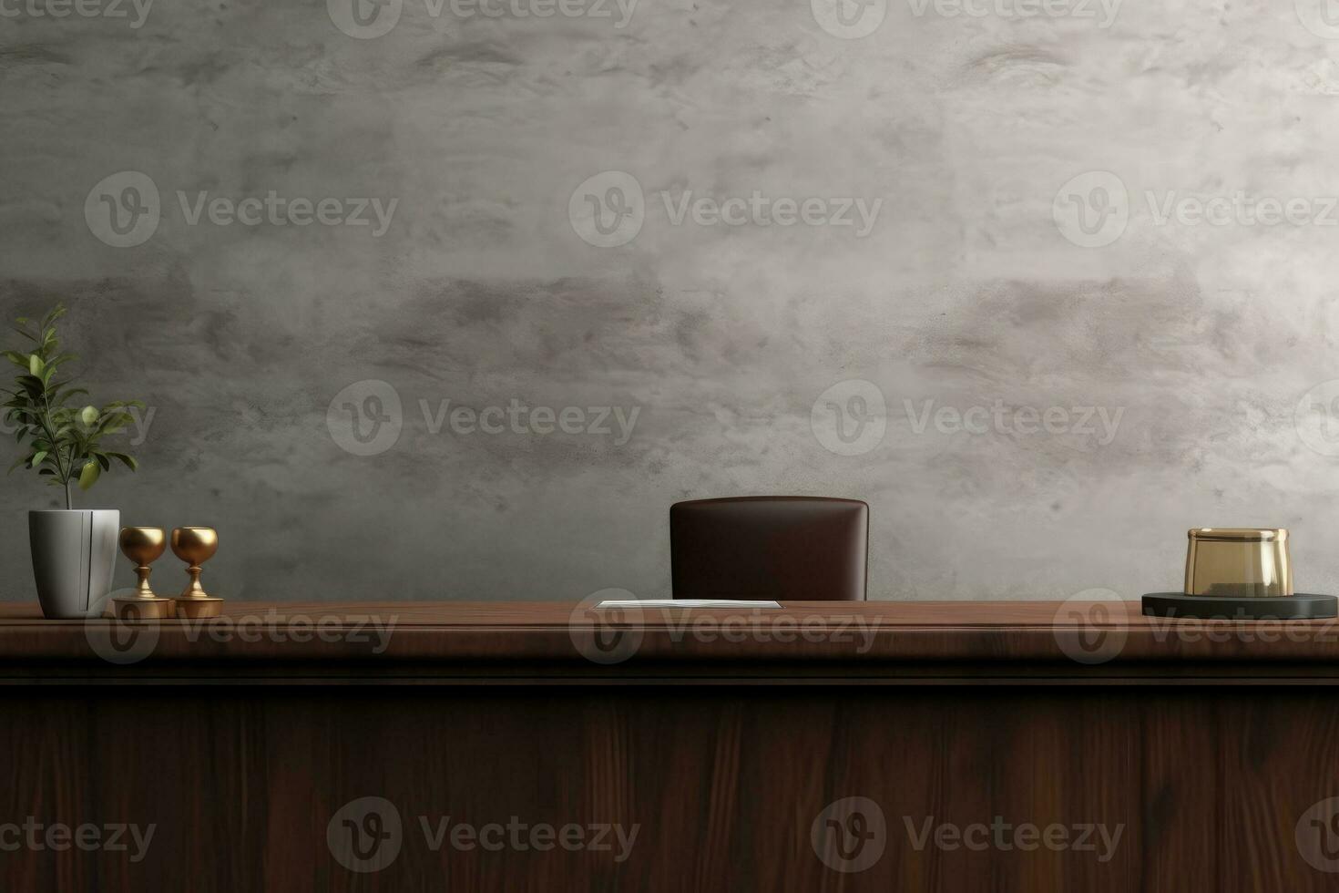 AI Generated Front view Office desk with office tools, computer laptop on wood table background with copy space. Generative AI photo