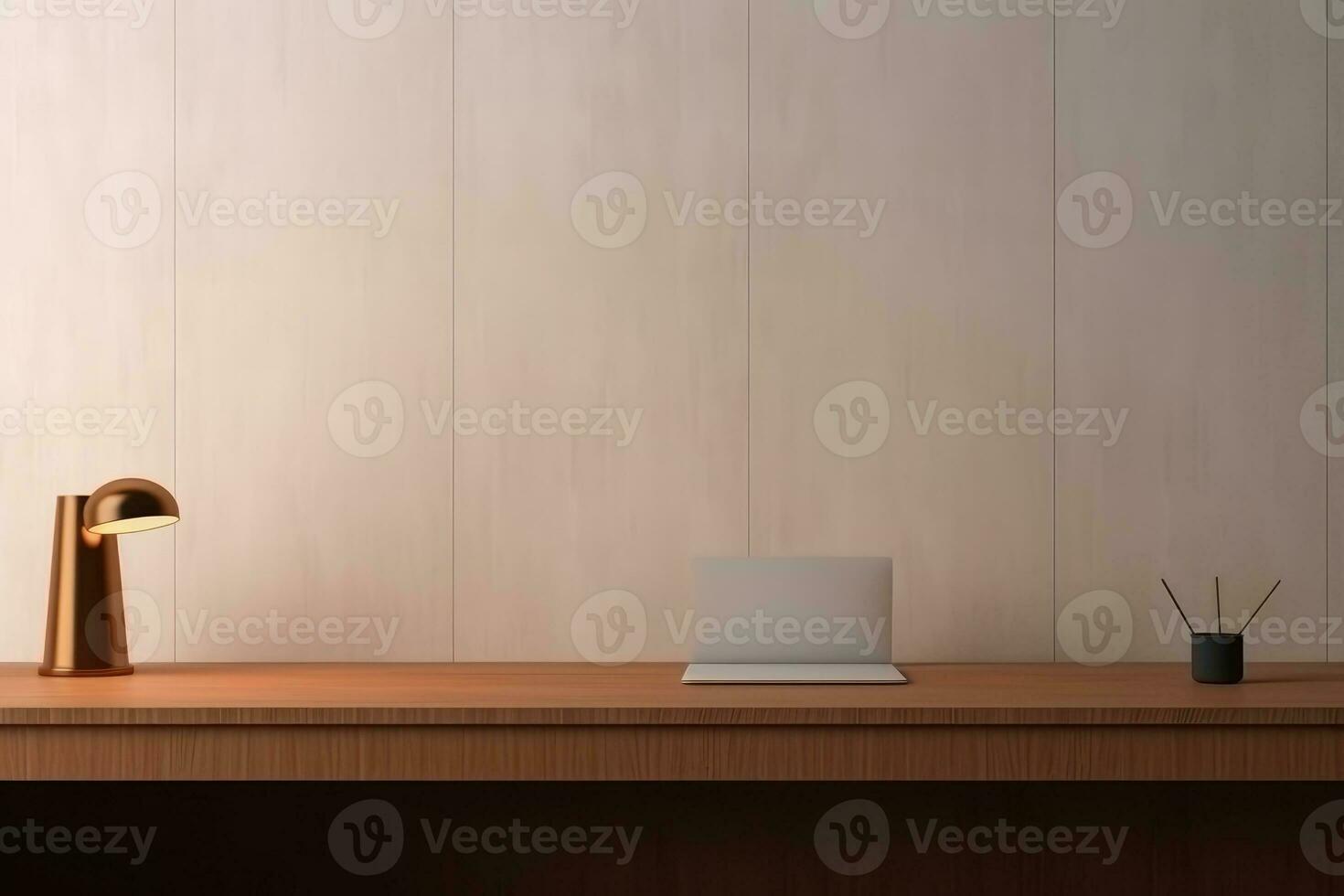 AI Generated Front view Office desk with office tools, computer laptop on wood table background with copy space. Generative AI photo
