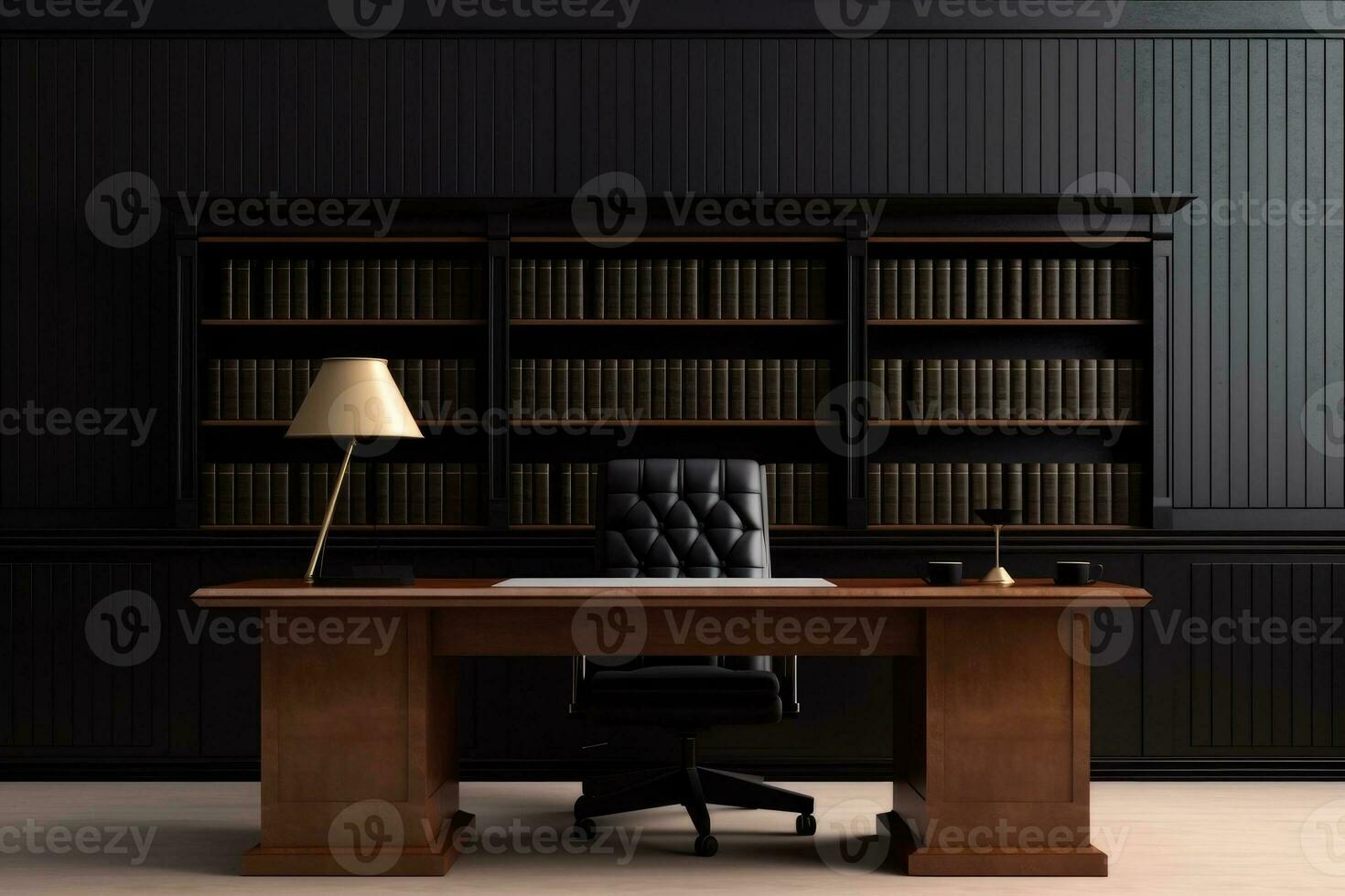 AI Generated Front view Office desk with office tools, computer laptop on wood table background with copy space. Generative AI photo