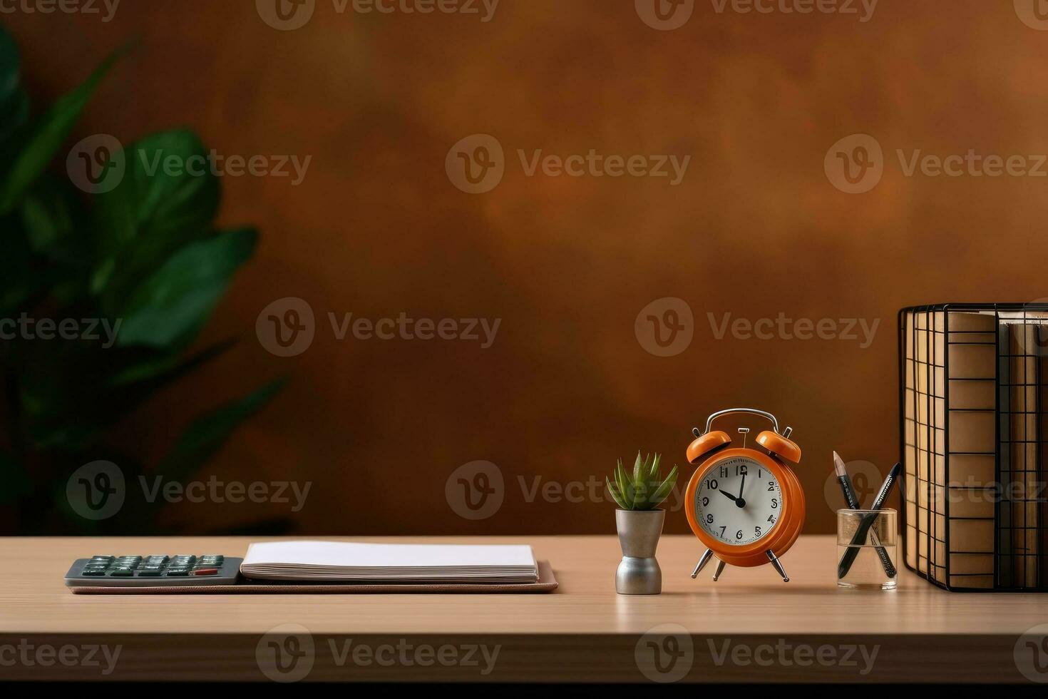 AI Generated Front view Office desk with office tools, computer laptop on wood table background with copy space. Generative AI photo