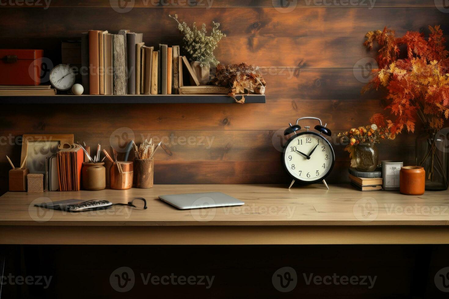 AI Generated Front view Office desk with office tools, computer laptop on wood table background with copy space. Generative AI photo