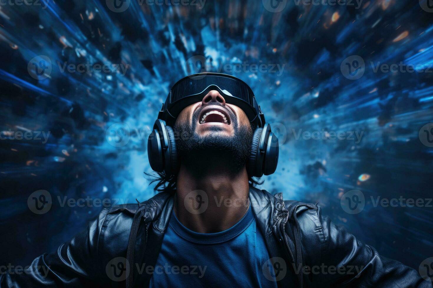 AI Generated A man wearing VR headset user, surreal world and virtual reality, colorful flowers fields. Generative AI photo