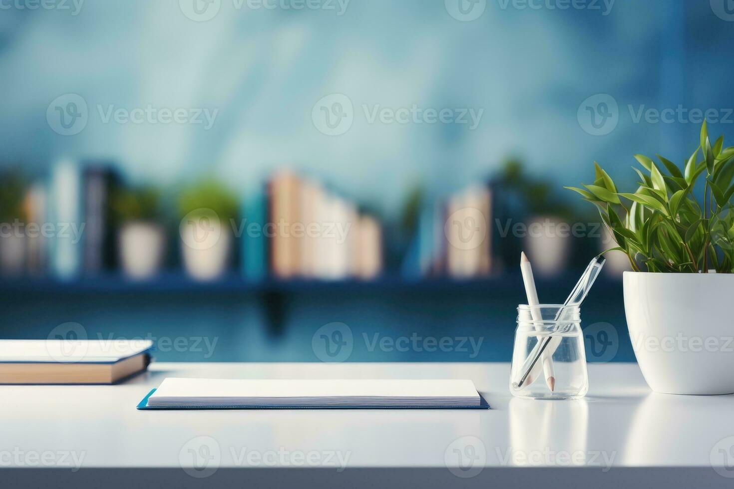 AI Generated Front view Office desk with office tools, computer laptop on wood table background with copy space. Generative AI photo