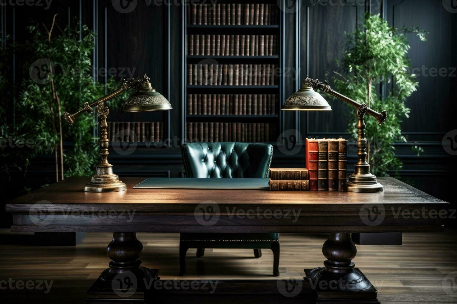 AI Generated Front view Office desk with office tools, computer laptop on wood table background with copy space. Generative AI photo