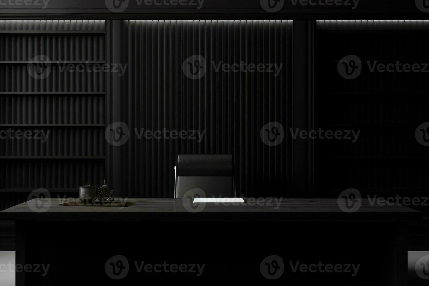 AI Generated Front view Office desk with office tools, computer laptop on wood table background with copy space. Generative AI photo