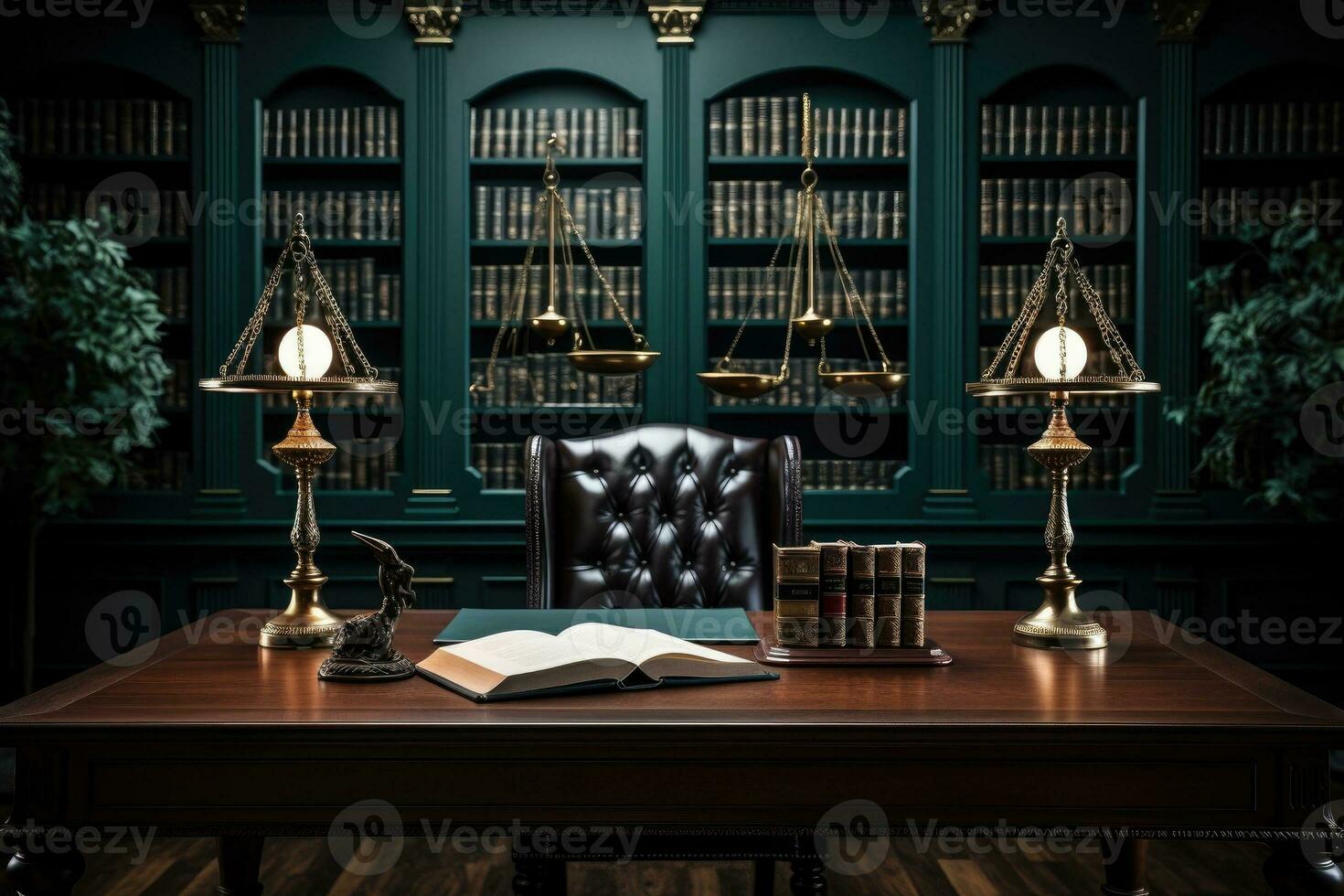 AI Generated Front view Office desk with office tools, computer laptop on wood table background with copy space. Generative AI photo