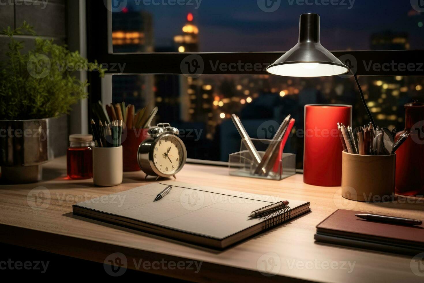 AI Generated Front view Office desk with office tools, computer laptop on wood table background with copy space. Generative AI photo