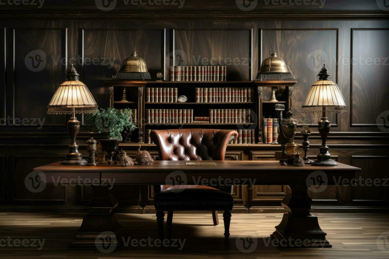 AI Generated Front view Office desk with office tools, computer laptop on wood table background with copy space. Generative AI photo