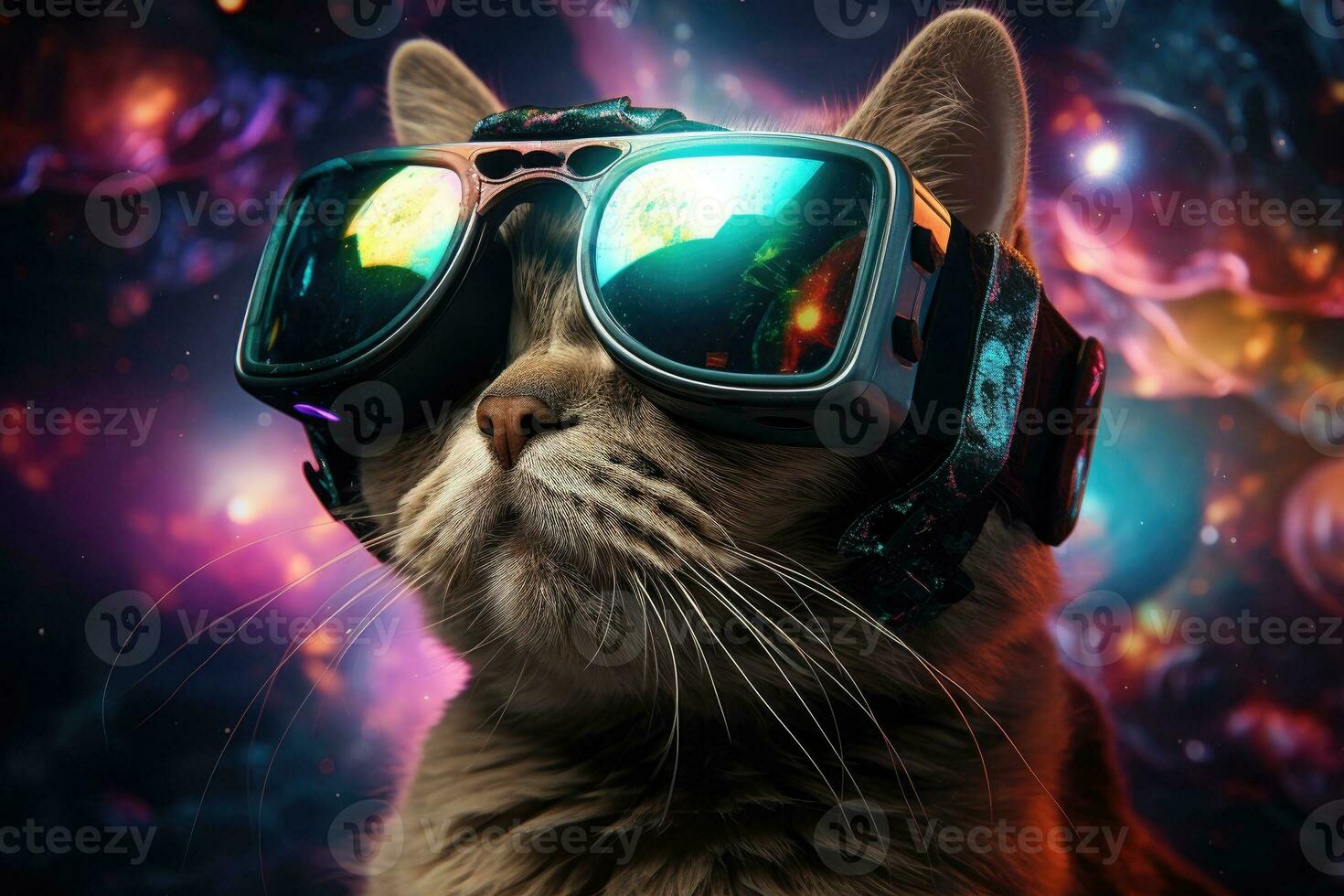 AI Generated A Cat wearing VR headset user, surreal world and virtual reality, colorful flowers fields. Generative AI photo