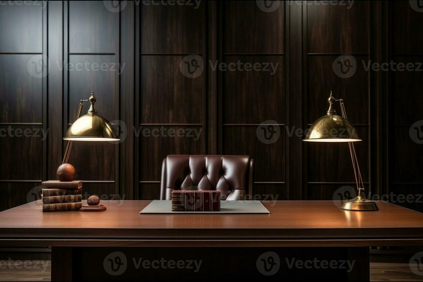 AI Generated Front view Office desk with office tools, computer laptop on wood table background with copy space. Generative AI photo