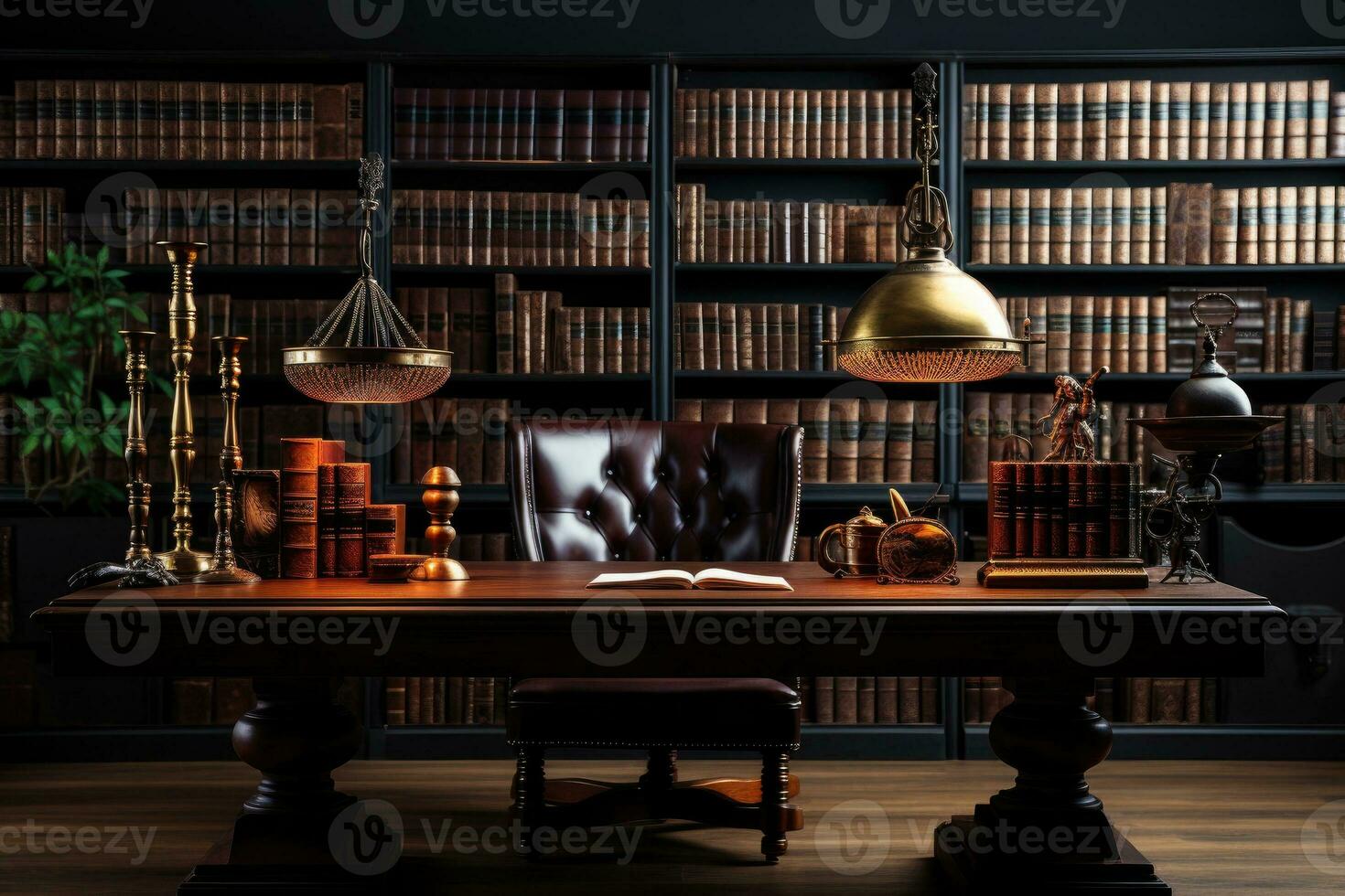 AI Generated Front view Office desk with office tools, computer laptop on wood table background with copy space. Generative AI photo
