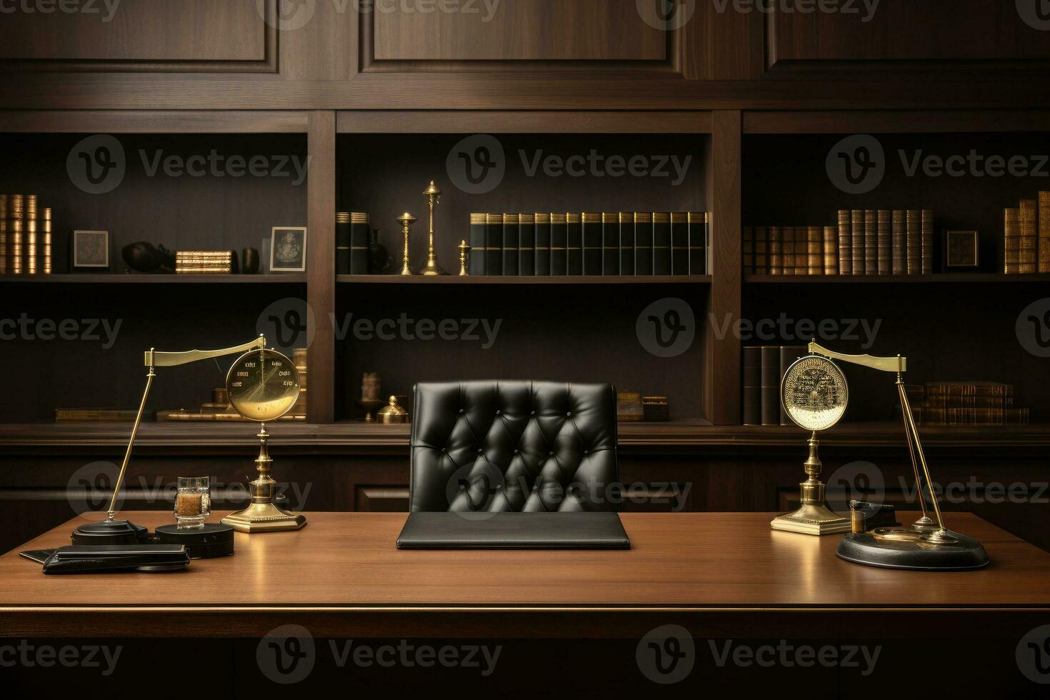 AI Generated Front view Office desk with office tools, computer laptop on wood table background with copy space. Generative AI photo
