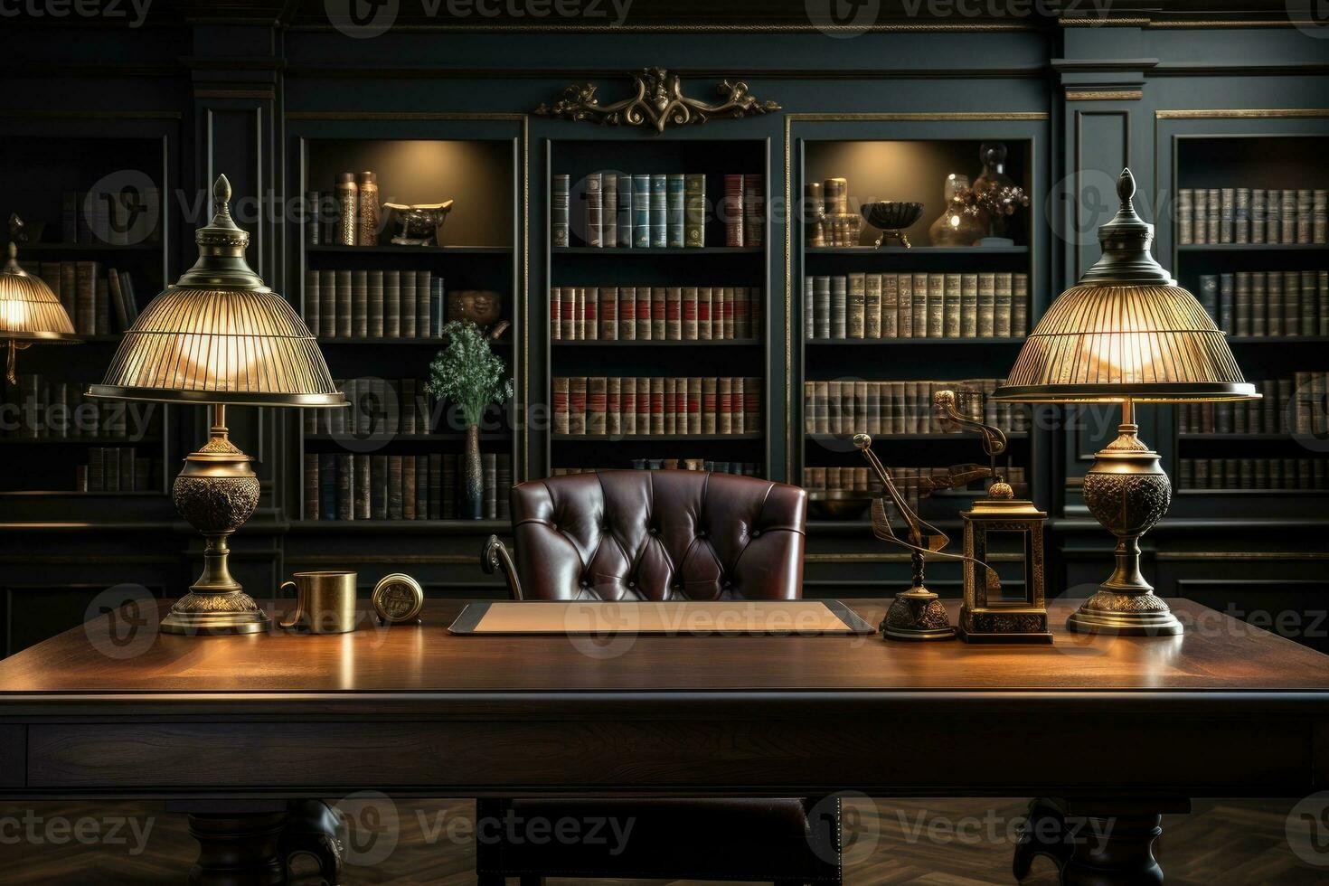 AI Generated Front view Office desk with office tools, computer laptop on wood table background with copy space. Generative AI photo