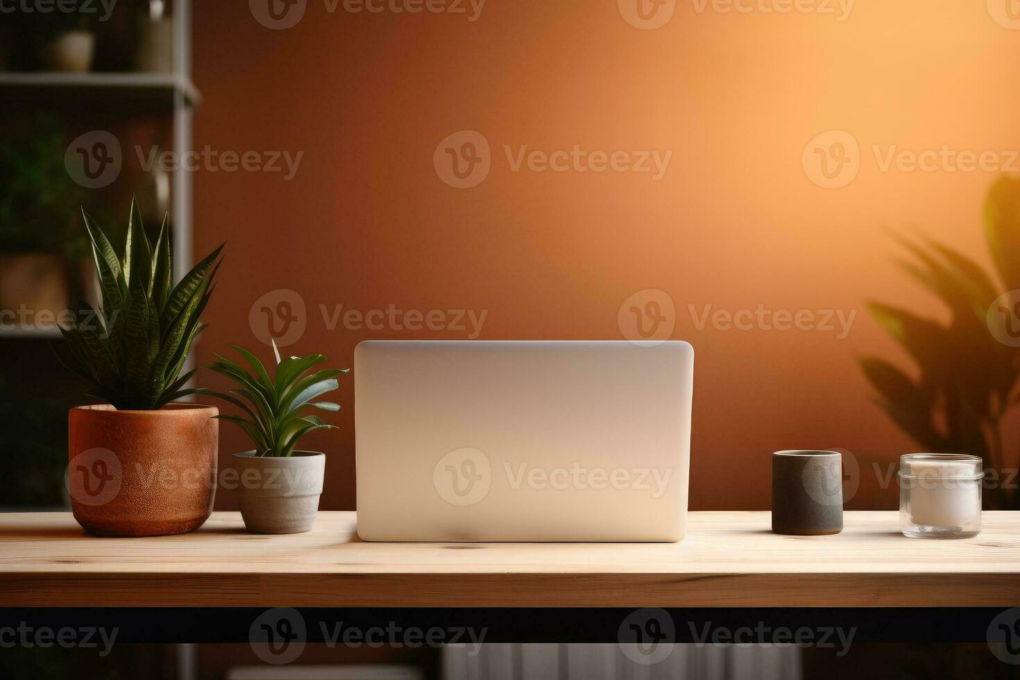 AI Generated Front view Office desk with office tools, computer laptop on wood table background with copy space. Generative AI photo