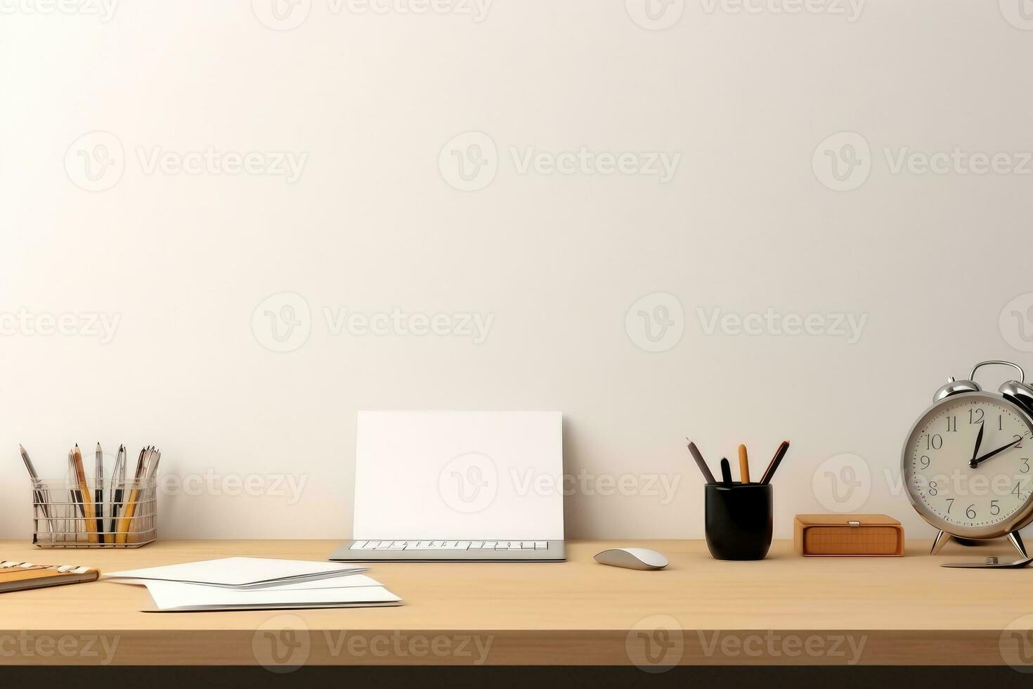 AI Generated Front view Office desk with office tools, computer laptop on wood table background with copy space. Generative AI photo