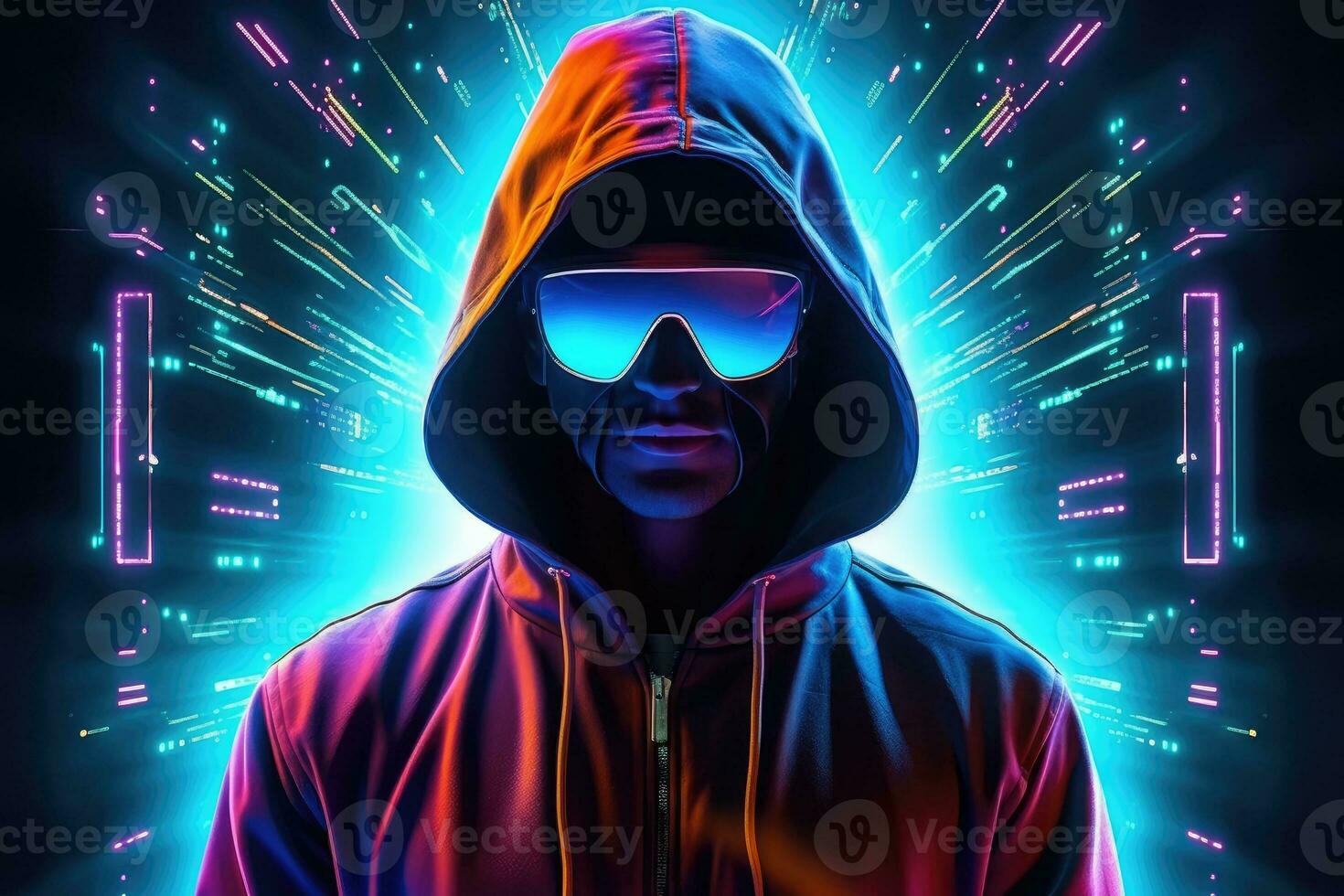 AI Generated A man wearing VR headset user, surreal world and virtual reality, colorful flowers fields. Generative AI photo