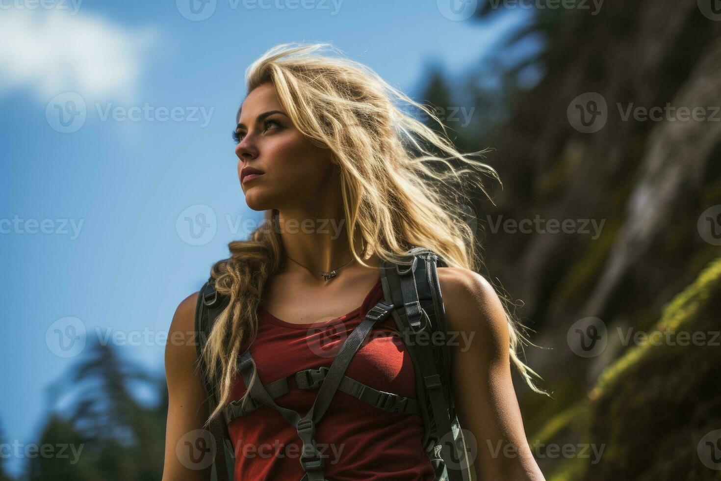 AI Generated Adventurous Sportive Girl hiking at a Mountains. Generative AI photo