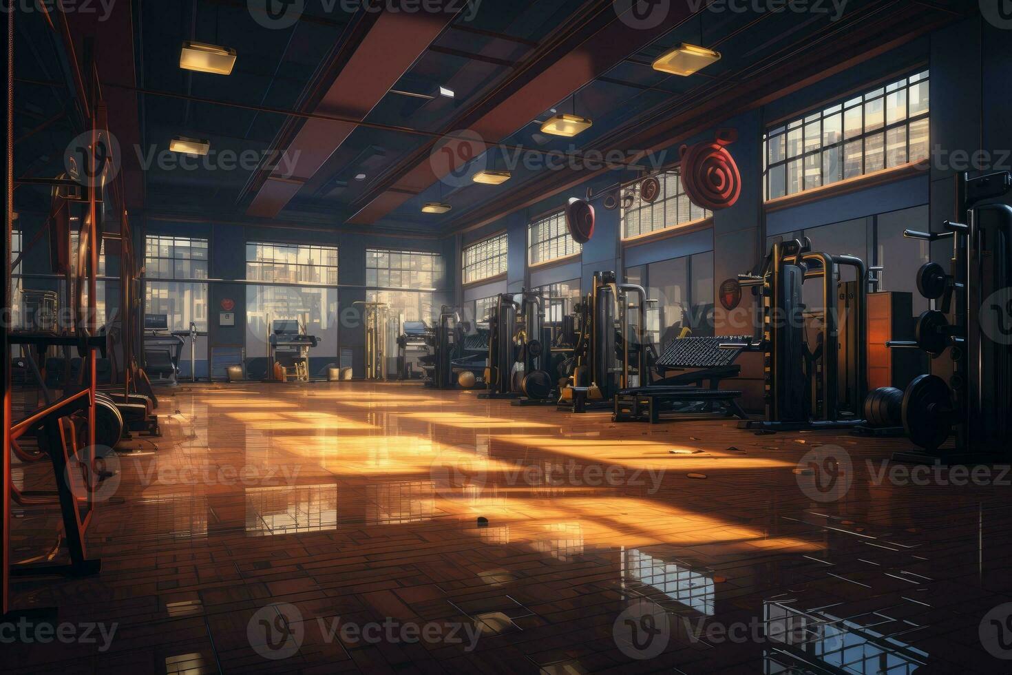 AI Generated Interior view of a gym with equipment, GYM Background. Generative AI photo