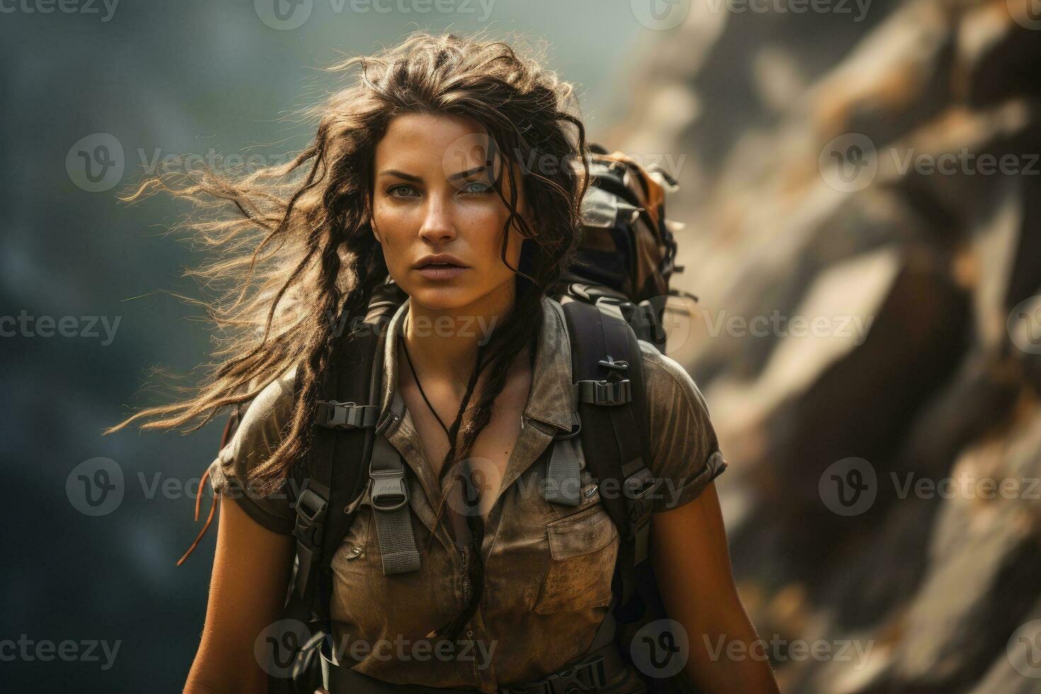 AI Generated Adventurous Sportive Girl hiking at a Mountains. Generative AI photo
