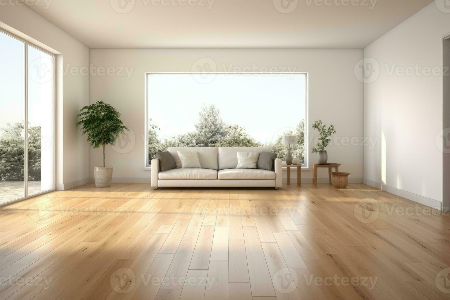 AI Generated Empty room and wall and wooden floor with interesting with glare from the window. Interior background for the presentation. Generative AI photo