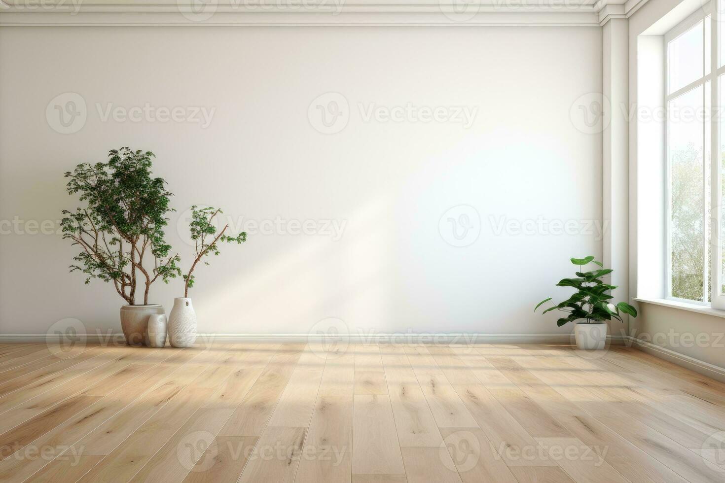 AI Generated Empty room and wall and wooden floor with interesting with glare from the window. Interior background for the presentation. Generative AI photo