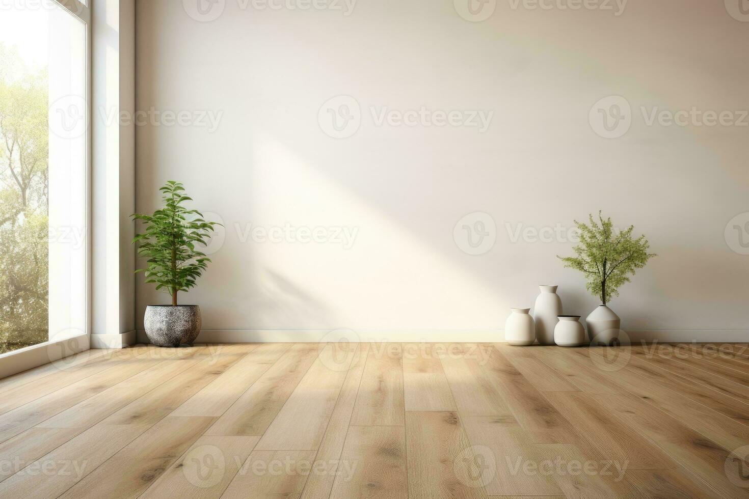 AI Generated Empty room and wall and wooden floor with interesting with glare from the window. Interior background for the presentation. Generative AI photo