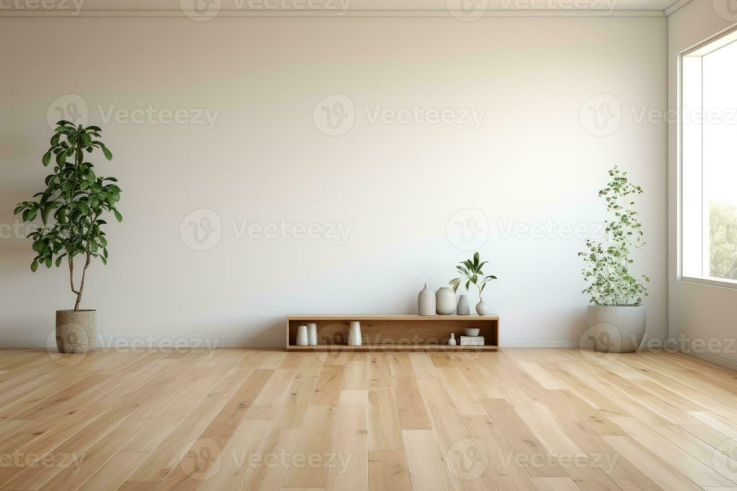 AI Generated Empty room and wall and wooden floor with interesting with glare from the window. Interior background for the presentation. Generative AI photo