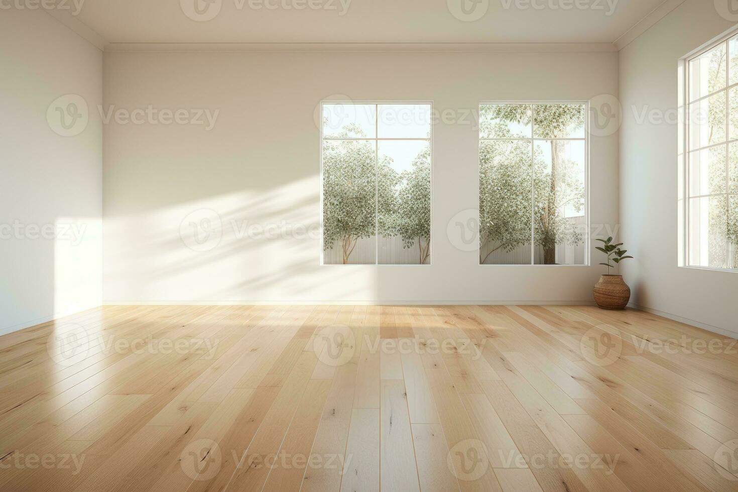 AI Generated Empty room and wall and wooden floor with interesting with glare from the window. Interior background for the presentation. Generative AI photo