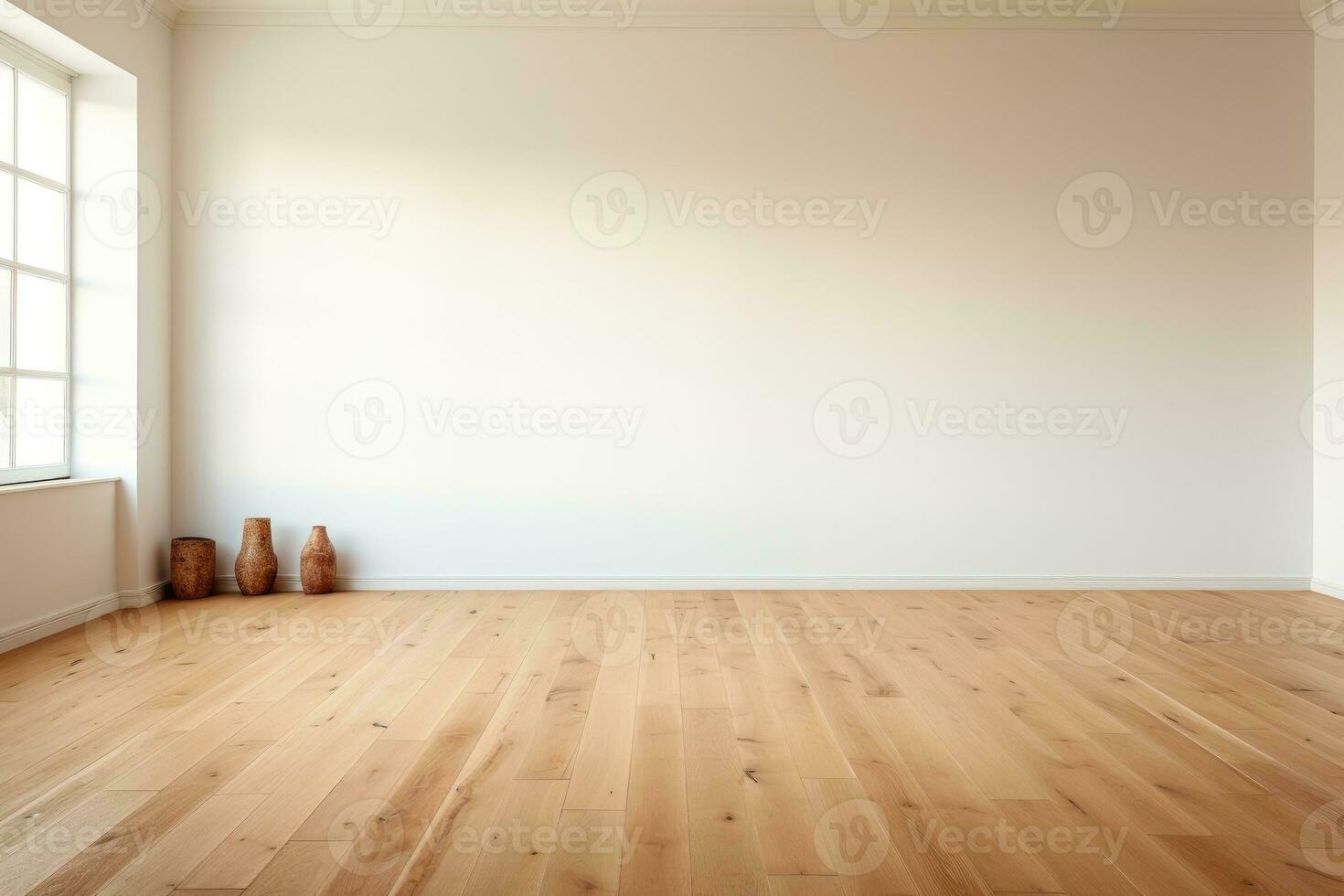 AI Generated Empty room and wall and wooden floor with interesting with glare from the window. Interior background for the presentation. Generative AI photo