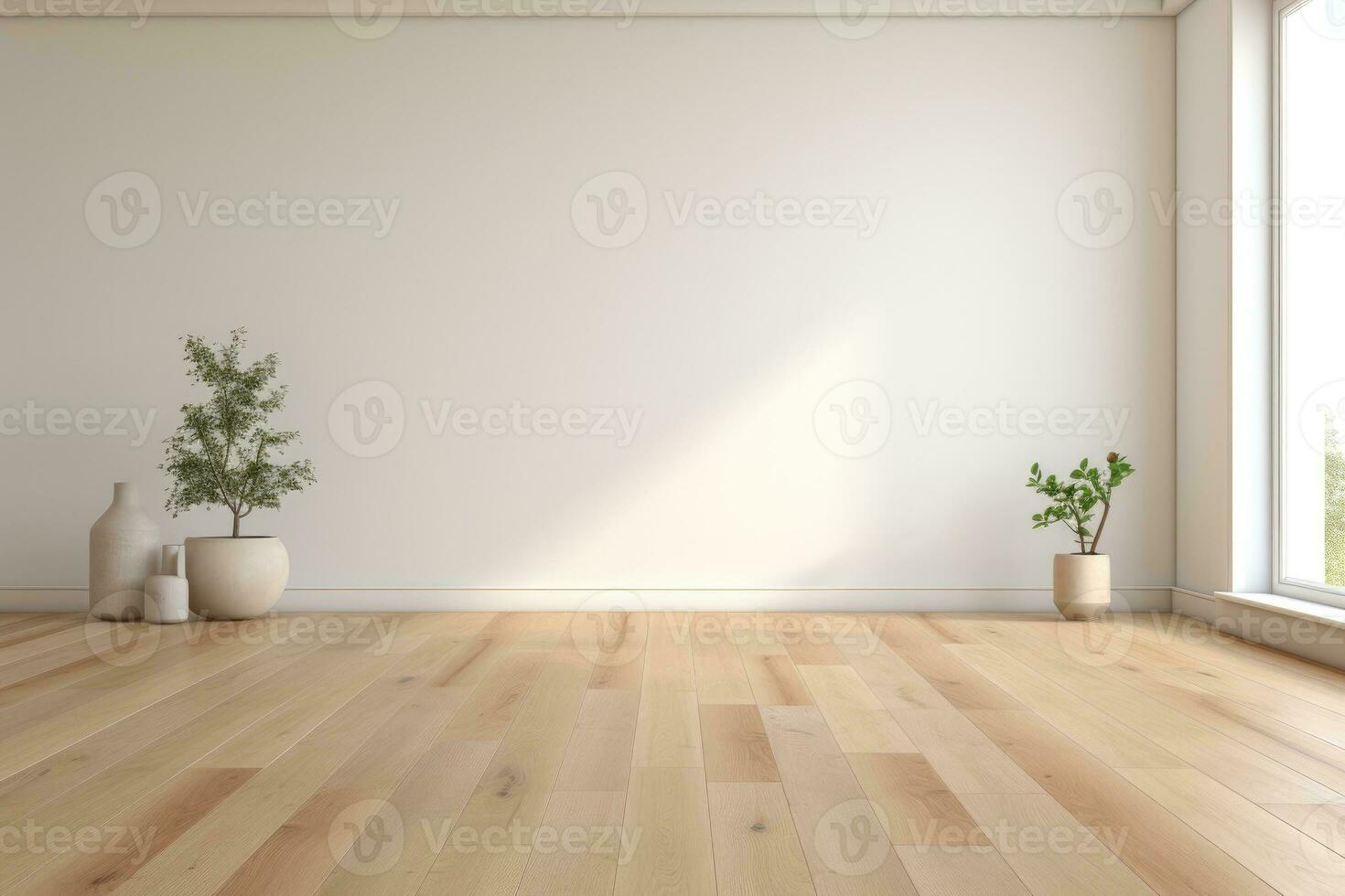 AI Generated Empty room and wall and wooden floor with interesting with glare from the window. Interior background for the presentation. Generative AI photo