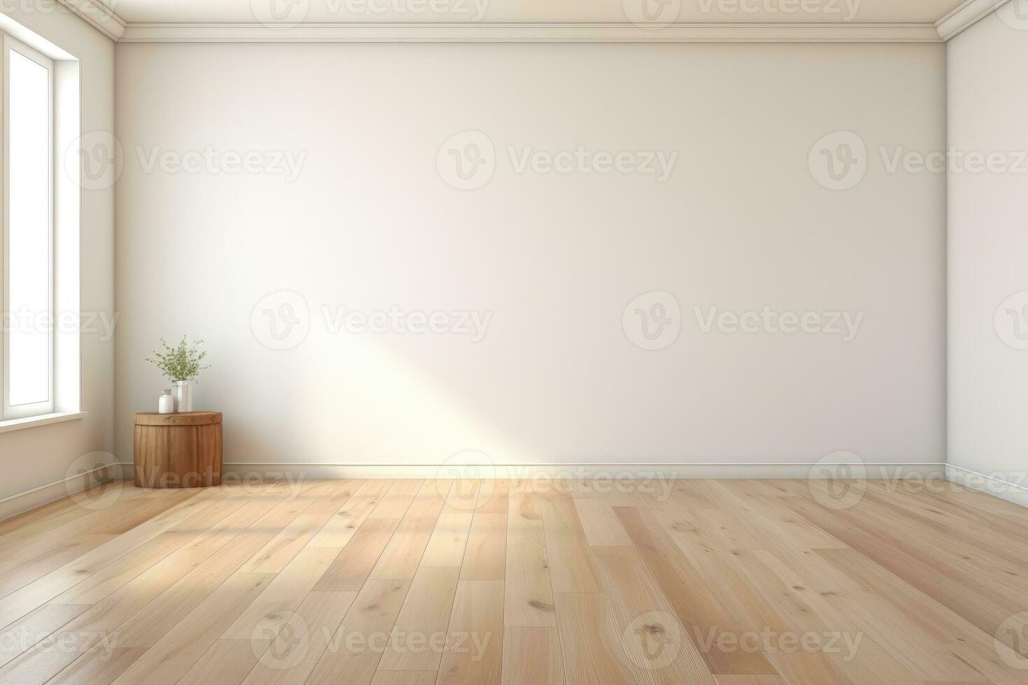 AI Generated Empty room and wall and wooden floor with interesting with glare from the window. Interior background for the presentation. Generative AI photo