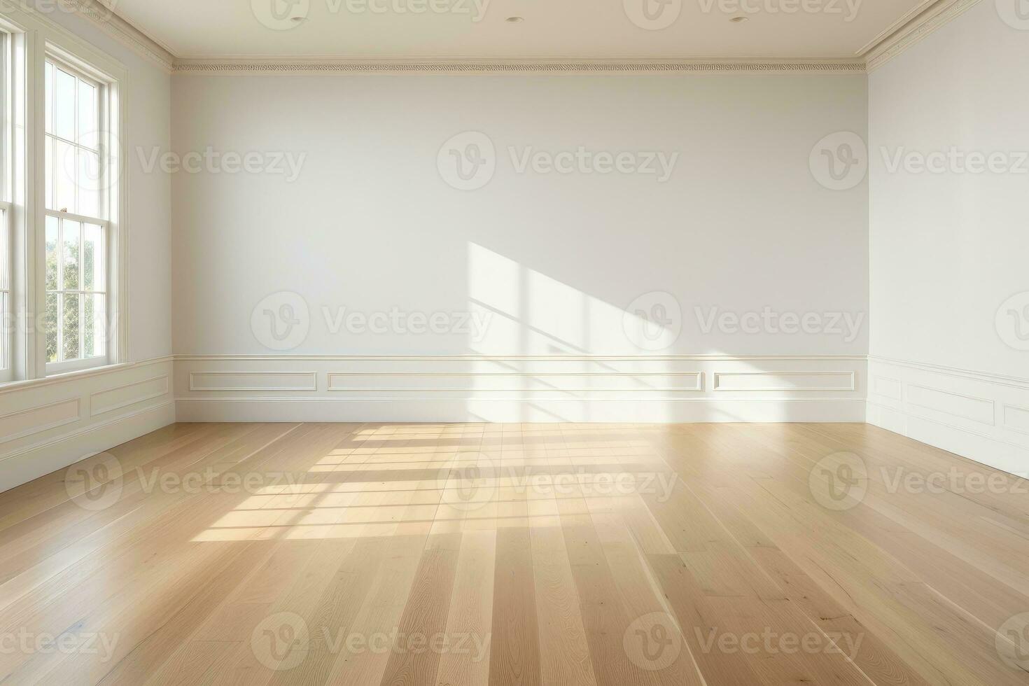 AI Generated Empty room and wall and wooden floor with interesting with glare from the window. Interior background for the presentation. Generative AI photo