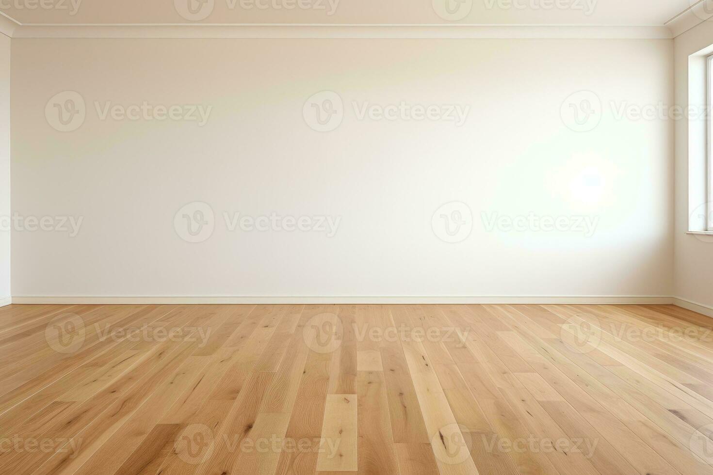 AI Generated Empty room and wall and wooden floor with interesting with glare from the window. Interior background for the presentation. Generative AI photo