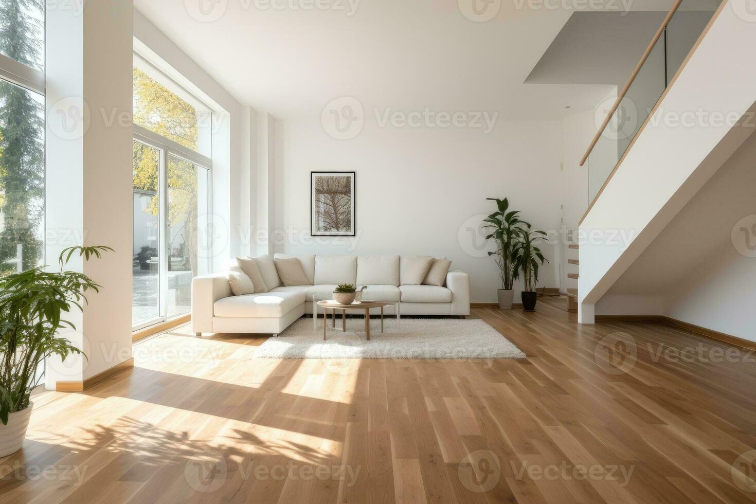 AI Generated Empty room and wall and wooden floor with interesting with glare from the window. Interior background for the presentation. Generative AI photo