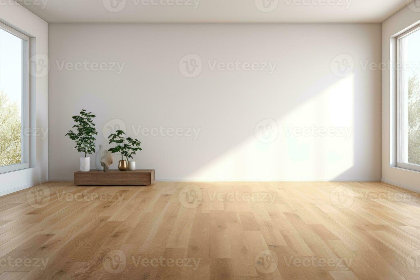 AI Generated Empty room and wall and wooden floor with interesting with glare from the window. Interior background for the presentation. Generative AI photo