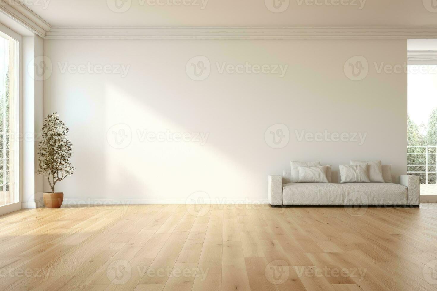AI Generated Empty room and wall and wooden floor with interesting with glare from the window. Interior background for the presentation. Generative AI photo