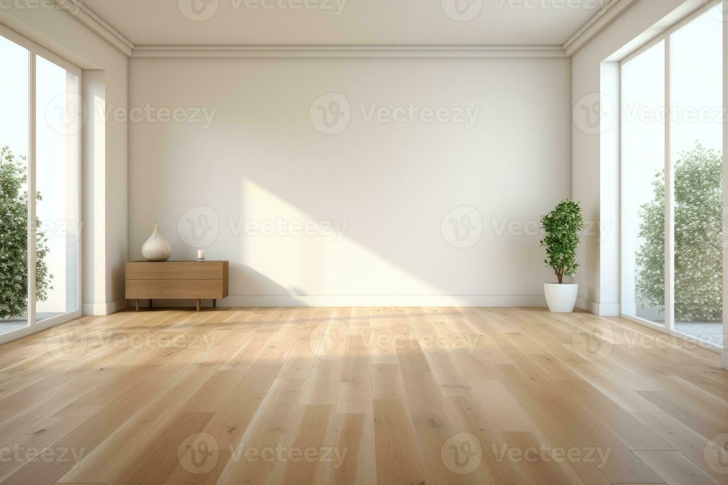 AI Generated Empty room and wall and wooden floor with interesting with glare from the window. Interior background for the presentation. Generative AI photo