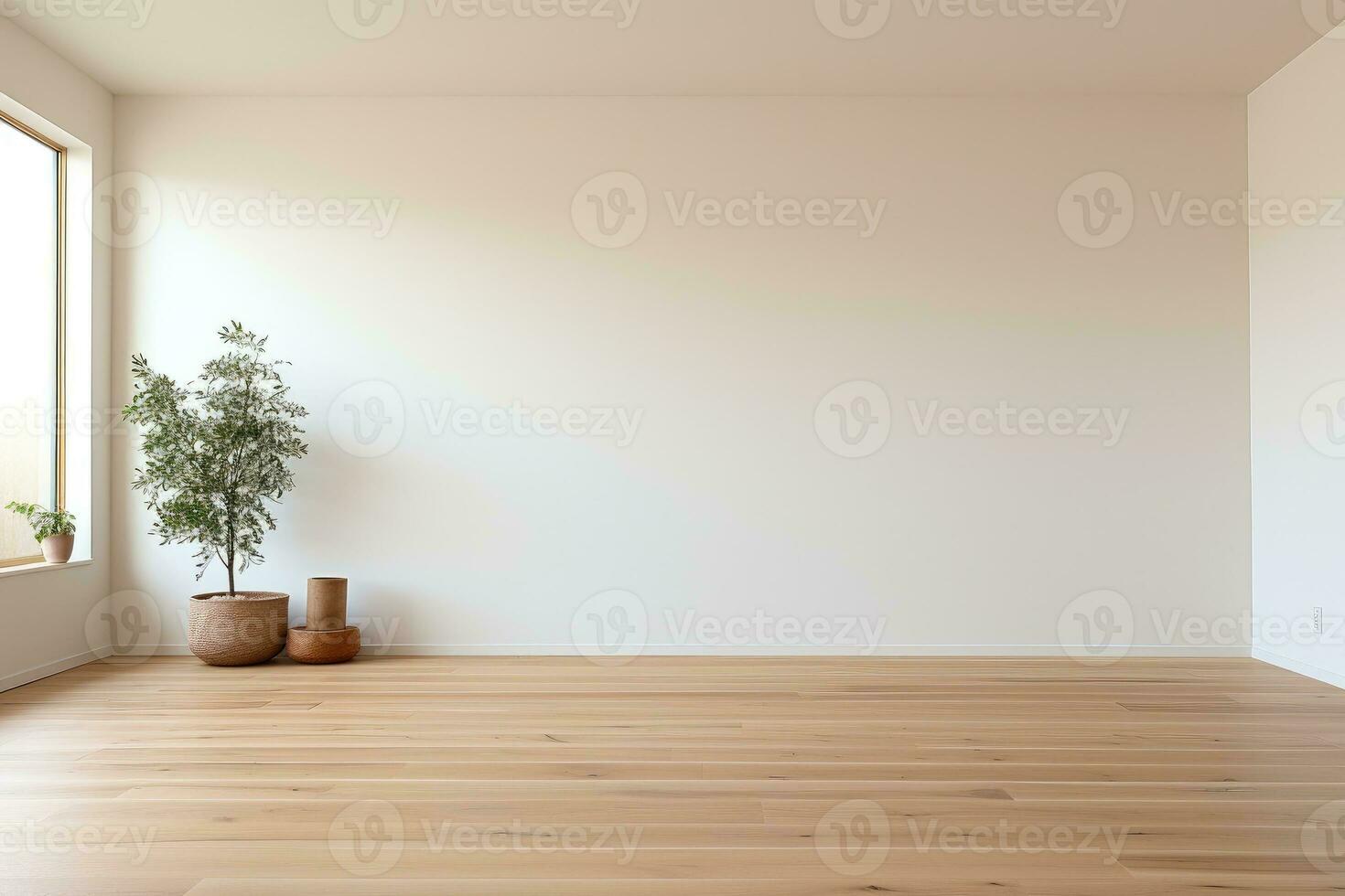 AI Generated Empty room and wall and wooden floor with interesting with glare from the window. Interior background for the presentation. Generative AI photo