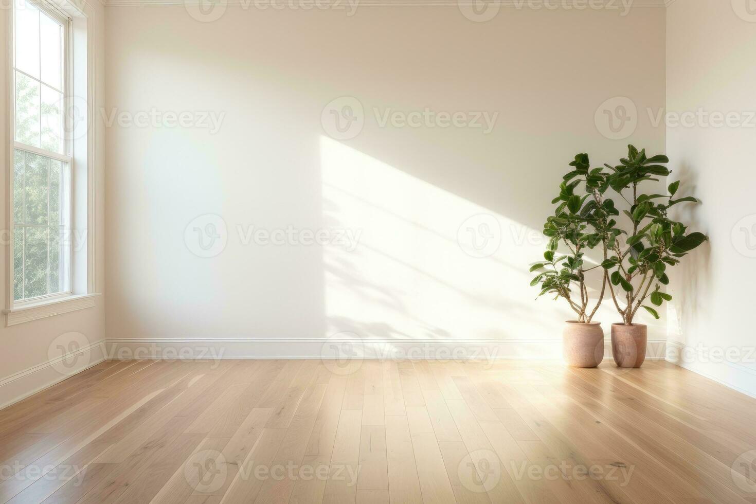AI Generated Empty room and wall and wooden floor with interesting with glare from the window. Interior background for the presentation. Generative AI photo