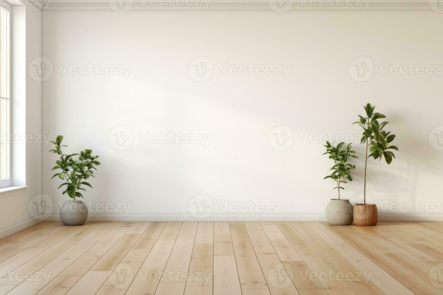 AI Generated Empty room and wall and wooden floor with interesting with glare from the window. Interior background for the presentation. Generative AI photo