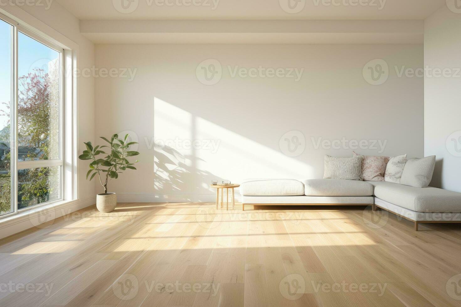 AI Generated Empty room and wall and wooden floor with interesting with glare from the window. Interior background for the presentation. Generative AI photo