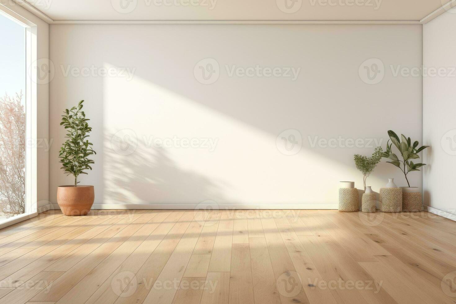 AI Generated Empty room and wall and wooden floor with interesting with glare from the window. Interior background for the presentation. Generative AI photo