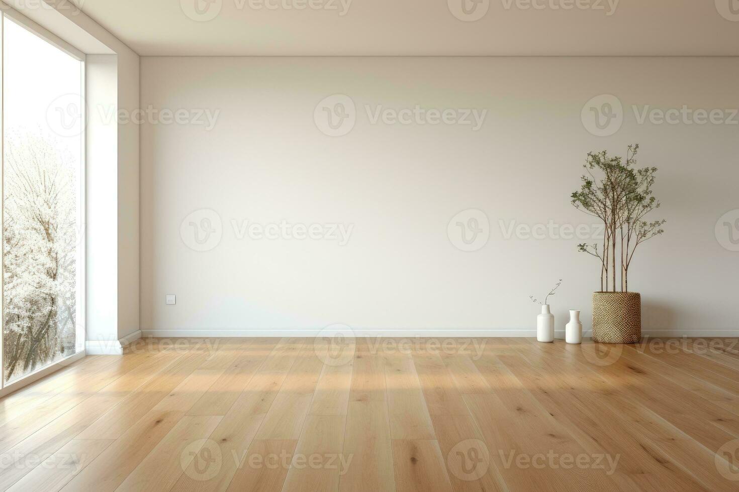 AI Generated Empty room and wall and wooden floor with interesting with glare from the window. Interior background for the presentation. Generative AI photo