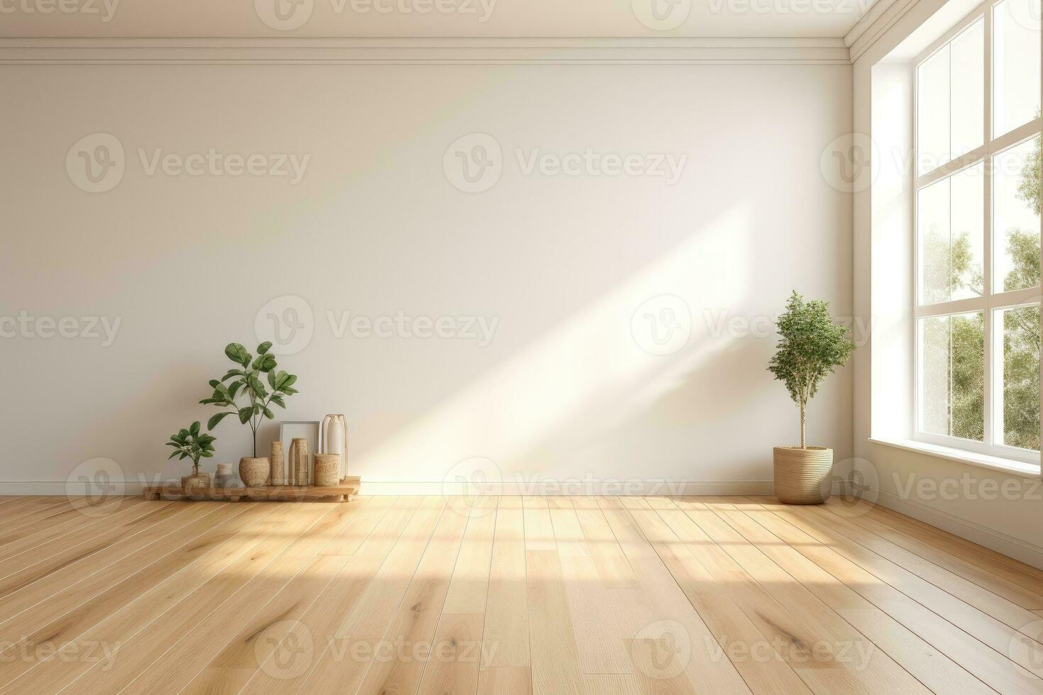 AI Generated Empty room and wall and wooden floor with interesting with glare from the window. Interior background for the presentation. Generative AI photo