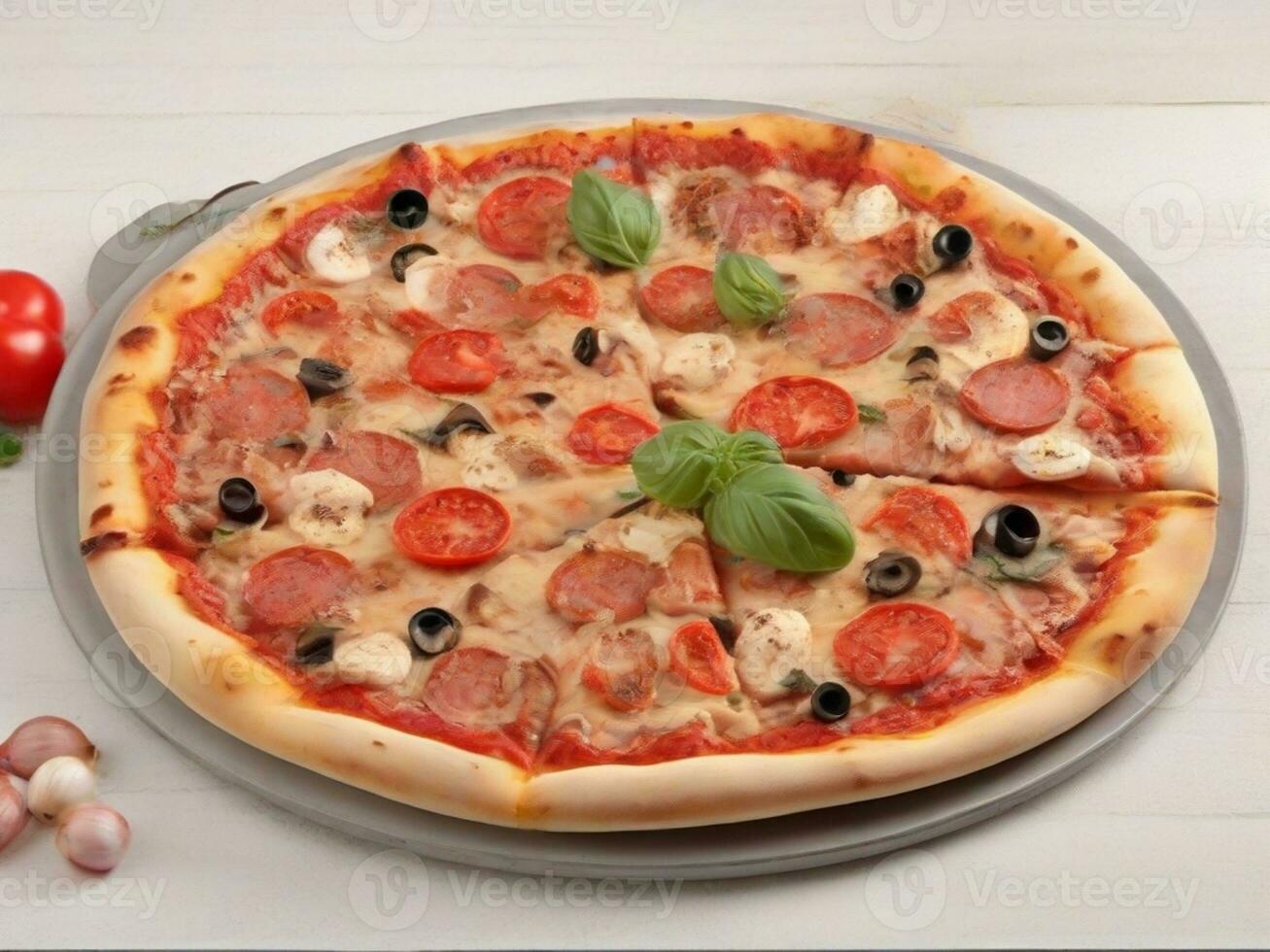 AI Generated Fresh pizza on wooden table closeup photo