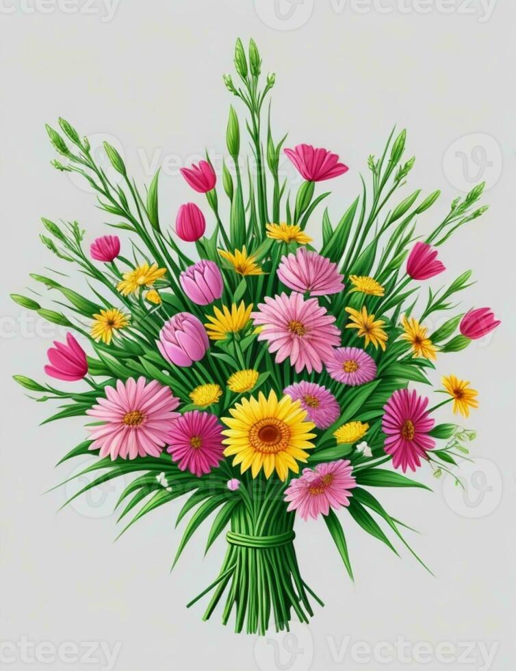 AI Generated Bouquet of tulips, daffodil and pussy willow. Cute bouquet for Easter, wedding, birthday card photo