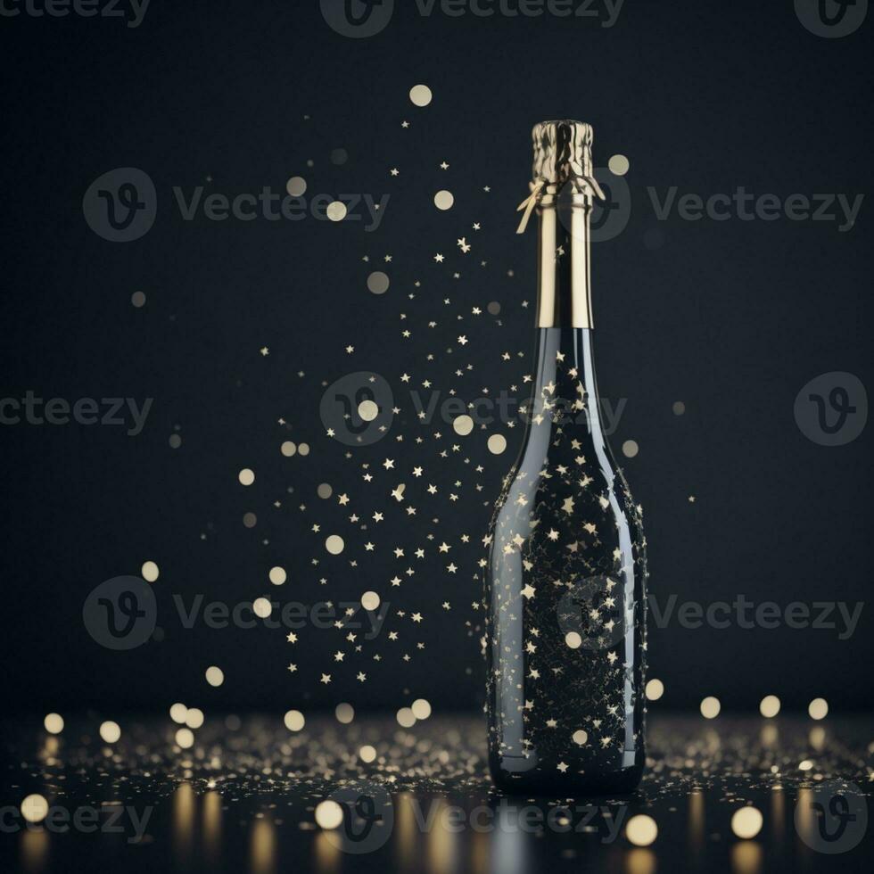 AI Generated Black champagne bottle silhouette golden bubbles explosion photo